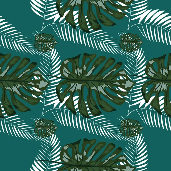 Tropisches Blatt-Design mit marinefarbener Palme und blauen Monstera-Pflanzenblättern auf rosa Hintergrund. nahtloses Muster. — Stockvektor