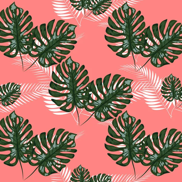 Grünes Muster mit Monstera-Palmblättern auf dunklem Hintergrund. nahtloses sommerliches tropisches Stoffdesign. — Stockvektor