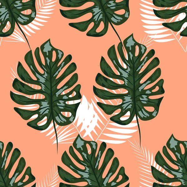 熱帯パターン。モンテラの明るい手描きの葉とシームレスなテクスチャ。熱帯植物とのシームレスな背景. — ストックベクタ