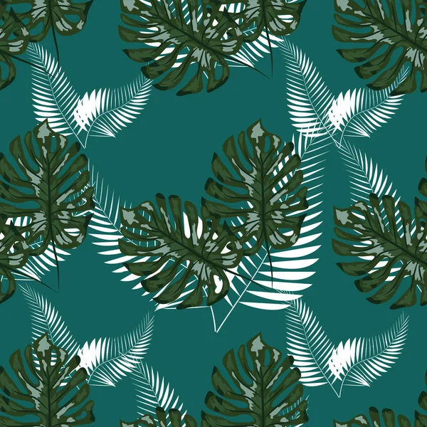 Tropical leaf design featuring navy Palm and blue Monstera plant leaves on a pink background. Seamless pattern. — Stock Vector