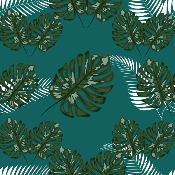 Diseño de hojas tropicales con palma marina y hojas de plantas azules de Monstera sobre un fondo rosa. Patrón sin costura . — Archivo Imágenes Vectoriales