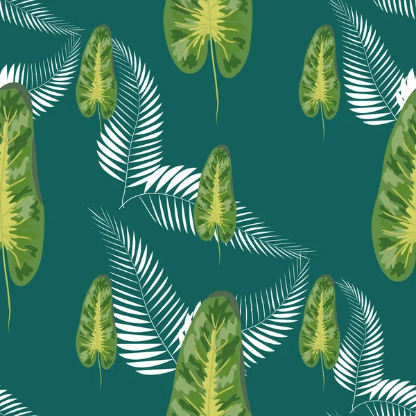 Foglie tropicali turchesi e verdi. Design grafico senza soluzione di continuità con palme sorprendenti . — Vettoriale Stock