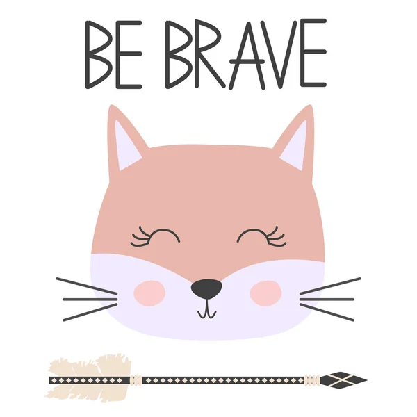 Schattig lief weinig kat meisje glimlachend gezicht kunst. Belettering citeer worden Brave. Kinderen kinderkamer Scandinavische hand getekende illustratie. Grafisch ontwerp. — Stockvector