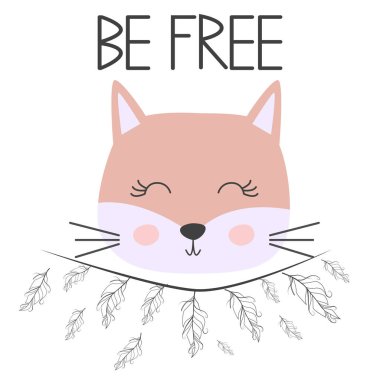 Sevimli tatlı küçük kedi kız yüz sanat gülümseyen. Yazı alıntı Be Free. Çocuklar kreş İskandinav el çizilmiş illüstrasyon. Grafik tasarım.