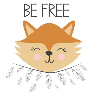 Tüylü sevimli tatlı küçük tilki gülümseyen yüz. Yazıt alıntı Be Free. Grafik tasarım.