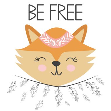 Tüylü sevimli tatlı küçük tilki gülümseyen yüz. Yazıt alıntı Be Free. Grafik tasarım.