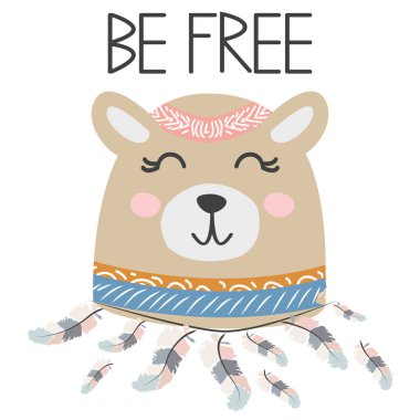 Tüylü sevimli tatlı küçük ayı gülümseyen yüz. Yazıt alıntı Be Free. Grafik tasarım.