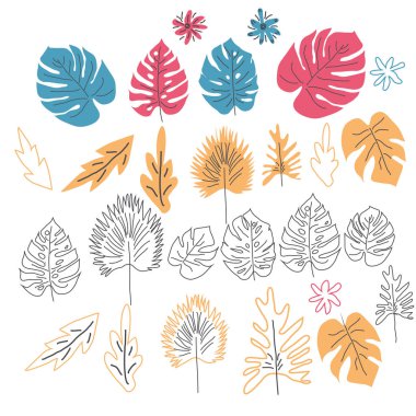 İskandinav el çizilmiş doğa illüstrasyon düğün veya seyahat tasarımı. yaz izole düz çiçek bukettropikal palmiye monstera