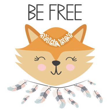 Tüylü sevimli tatlı küçük tilki gülümseyen yüz. Yazıt alıntı Be Free. Grafik tasarım.