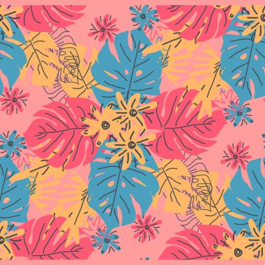 Egzotik yaprakları el dikişsiz desen çizilmiş. Tropikal bitki çizimi. İskandinav tarzı zemin.