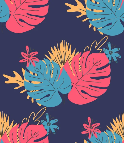 Exotische Blätter von Hand gezeichnet nahtlose Muster. tropische Pflanzenzeichnung. Kulisse im skandinavischen Stil. — Stockvektor