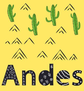 Andes. Elle çizilmiş harflerle İskandinav tarzı poster. Siyah beyaz.
