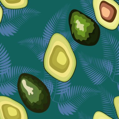 Avokado ve yaprakları ile tropikal dikişsiz desen. Mutfak, kapaklar ve kumaş için desen.