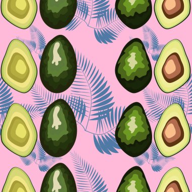 Avokado ve palmiye yaprakları ile Trendy baskı. Meyve ve çiçekler ile dikişsiz desen. Retro tekstil koleksiyonu