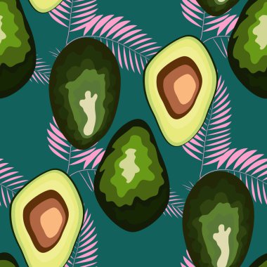 Avokado ve palmiye yaprakları ile Trendy baskı. Meyve ve çiçekler ile dikişsiz desen. Retro tekstil koleksiyonu