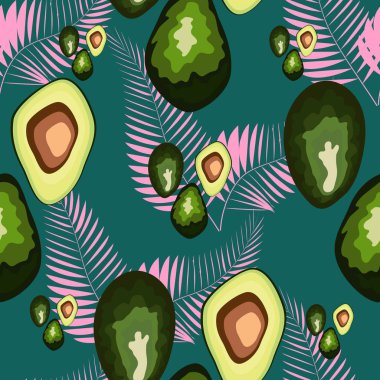 Avokado ve yaprakları ile tropikal dikişsiz desen.