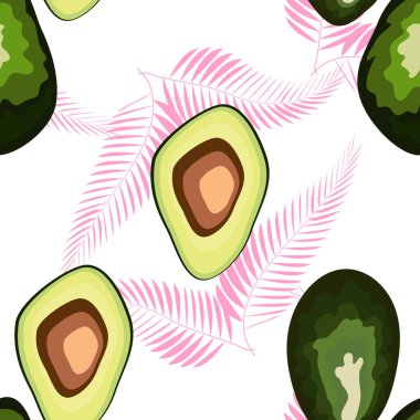 Avokado dilimleri ve trendy arka plan monstera yaprakları ile Dikişsiz egzotik vektör deseni.