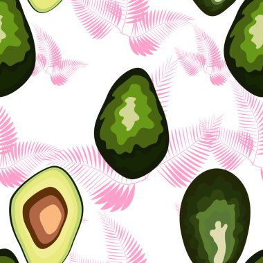 Avokado ve palmiye yaprakları ile Trendy baskı. Meyve ve çiçekler ile dikişsiz desen. Retro tekstil koleksiyonu