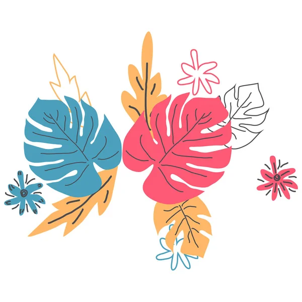 Scandinavian hand drawn nature illustration wedding or travel design. summer isolated flat flower bouquet tropical palm monstera — Stock Vector