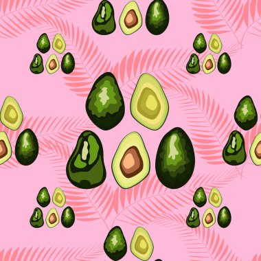 Palmiye ağacının tropikal yaprakları ile Avokado dikişsiz desen, arka plan.