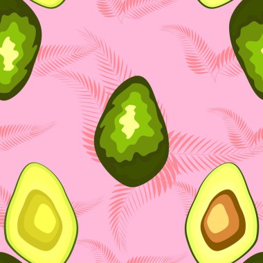 Tropikal yaprakları arka plan üzerinde Avokado dikişsiz desen. Sevimli doğa illüstrasyon. Tekstil, kumaş, duvar kağıdı için dekoratif tasarım.