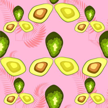 Tropikal yaprakları arka plan üzerinde Avokado dikişsiz desen. Sevimli doğa illüstrasyon. Tekstil, kumaş, duvar kağıdı için dekoratif tasarım.