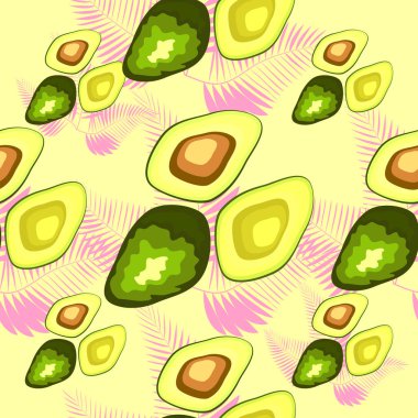 Beyaz arka plan üzerinde pembe tropikal yaprakları ile Avokado dikişsiz desen. Tekstil, kumaş, dekor, duvar kağıdı için dekoratif tasarım.