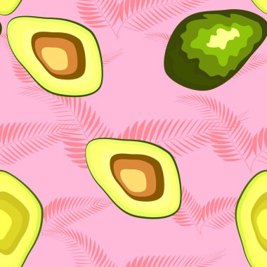 Palmiye ağacının tropikal yaprakları ile Avokado dikişsiz desen, arka plan.