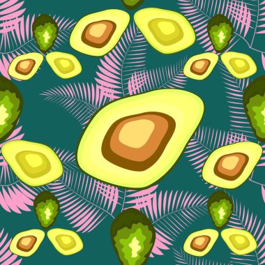 Tropikal yaprakları arka plan üzerinde Avokado dikişsiz desen. Sevimli doğa illüstrasyon. Tekstil, kumaş, duvar kağıdı için dekoratif tasarım.