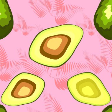 Palmiye ağacının tropikal yaprakları ile Avokado dikişsiz desen, arka plan.