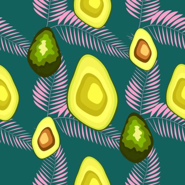 Palmiye ağacının tropikal yaprakları ile Avokado dikişsiz desen, arka plan.