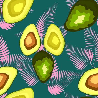 Palmiye ağacının tropikal yaprakları ile Avokado dikişsiz desen