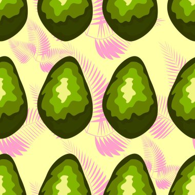 Açık yeşil arka plan üzerinde avokado dilimleri ve monstera yaprakları ile Dikişsiz egzotik desen.