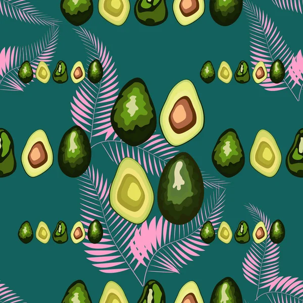 Avocado nahtlose Muster mit tropischen Blättern der Palme, Hintergrund. — Stockvektor