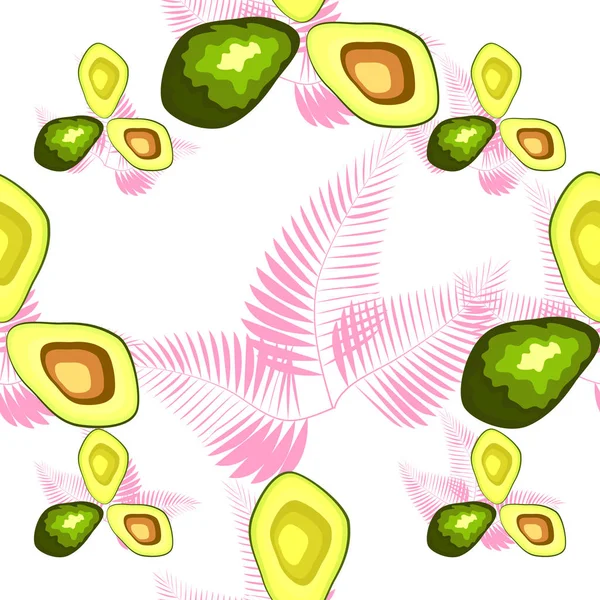Avocado nahtlose Muster mit tropischen Blättern der Palme, Hintergrund. — Stockvektor