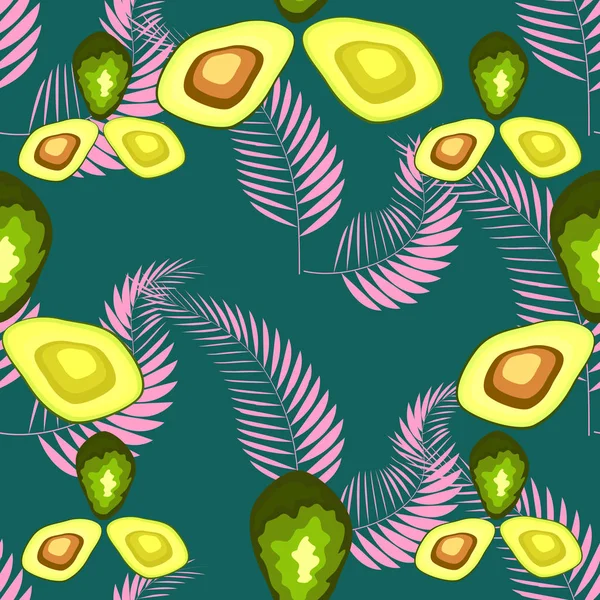 Avocado nahtlose Muster mit rosa tropischen Blättern auf weißem Hintergrund. dekoratives Design für Textilien, Stoff, Dekor, Tapeten. — Stockvektor