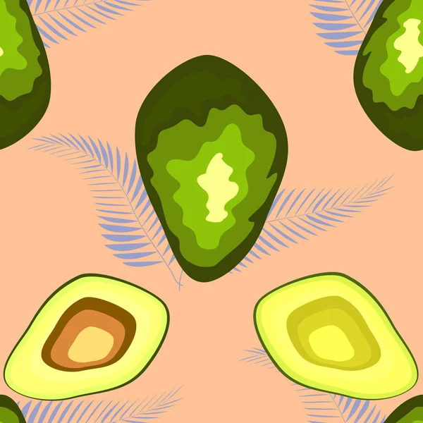 Patrón sin costuras con frutas tropicales y exóticas en un estilo orgánico de moda único, fruta de aguacate madura . — Vector de stock