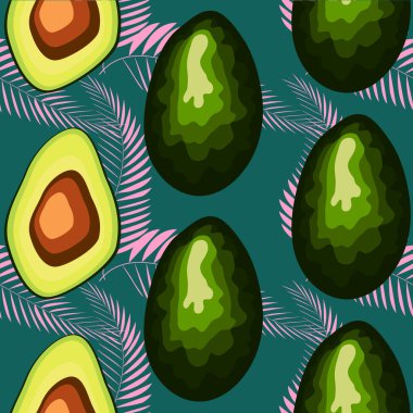 Açık yeşil arka plan üzerinde avokado dilimleri ve monstera yaprakları ile Dikişsiz egzotik desen.