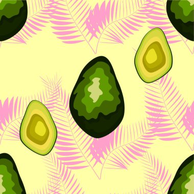 Açık yeşil arka plan üzerinde avokado dilimleri ve monstera yaprakları ile Dikişsiz egzotik desen.