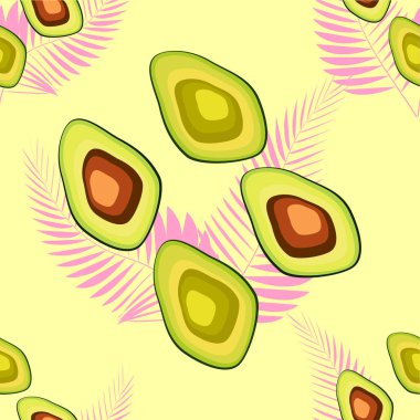 Hafif arka planda avokado dilimleri ve monstera yaprakları ile dikişsiz egzotik desen.