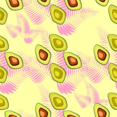 Palmiye ağacının tropikal yaprakları ile Avokado dikişsiz desen