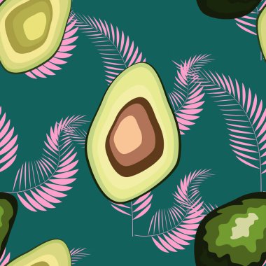 Avokado ve tropikal yaprakları ile dikişsiz desen.