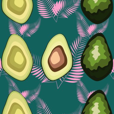 Hafif arka planda avokado dilimleri ve monstera yaprakları ile dikişsiz egzotik desen.