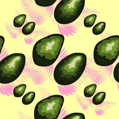 Açık yeşil arka plan üzerinde avokado dilimleri ve monstera yaprakları ile Dikişsiz egzotik desen.