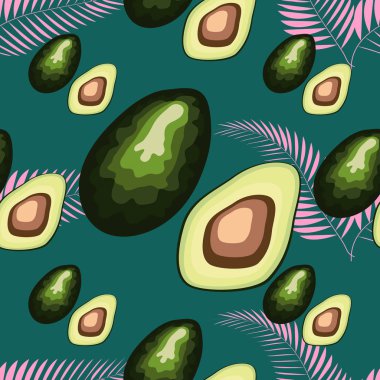 Avokado ve tropikal yaprakları ile dikişsiz desen.
