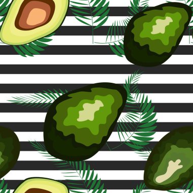 Çizgili bir arka plan üzerinde palmiye yaprakları ile avokado meyve Dikişsiz desen.
