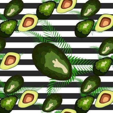 Çizgili bir arka plan üzerinde palmiye yaprakları ile avokado meyve Dikişsiz desen.