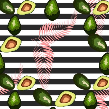 Çizgili bir arka plan üzerinde palmiye yaprakları ile avokado meyve Dikişsiz desen
