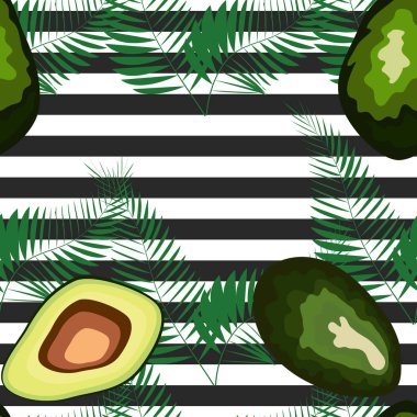 Çizgili bir arka plan üzerinde palmiye yaprakları ile avokado meyve Dikişsiz desen.