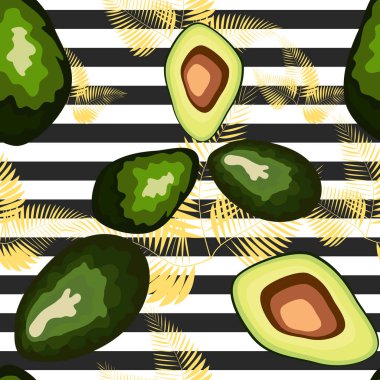 Çizgili bir arka plan üzerinde avokado meyve Dikişsiz desen. Organik vejetaryen avokado dikişsiz tekrar desen - düz stil illüstrasyon
